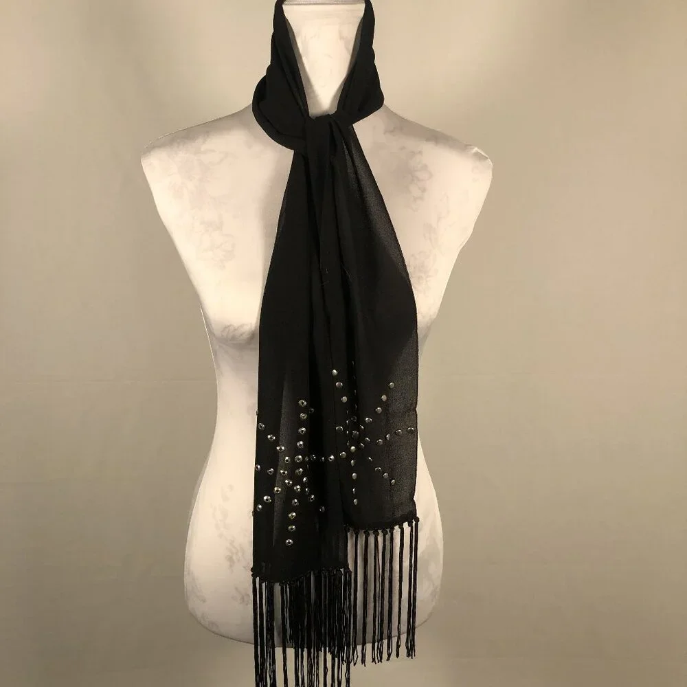 Black Sheer Studded Scarf with Fringe • Celestial Starburst • Boutique Style